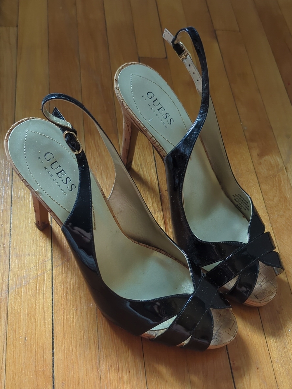 GUESS Black Patent Slingback Peep-Toe Heels